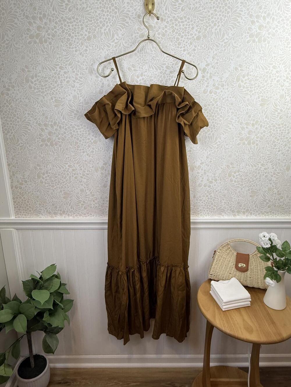 Mare Mare by Anthropologie Brown Off-The-Shoulder Structure Dress - Size - Large - Picture 5 of 8